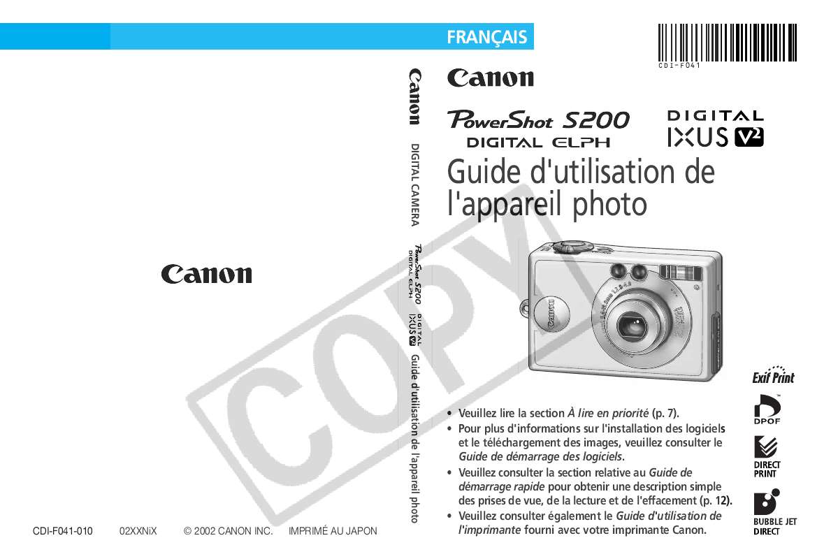 Notice CANON POWERSHOT S200 appareil photo Trouver une solution à un